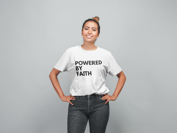 Christian White T-Shirt with the text 'Powered By Faith' written on the front centre